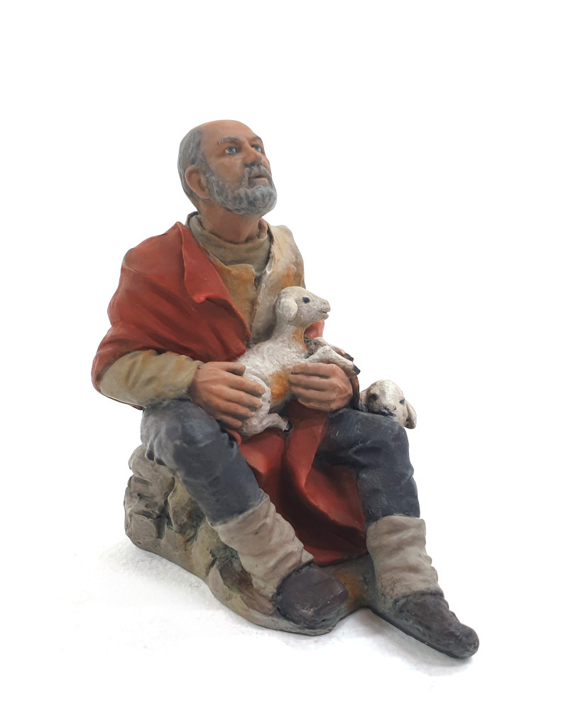 Pastor sentado y corderos 12 cm
